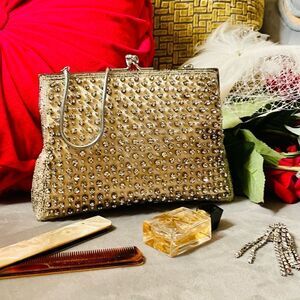 ♥️ Vintage Rhinestone Silk Purse, sparkling DELILL kiss lock purse 1950s-60s